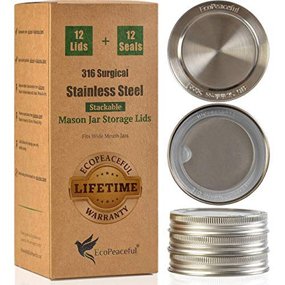 316 Surgical Stainless Steel Mason Jar Lids WIDE Mouth -ORIGINAL DESIGN- Stackable w/Pull-Tab Silicone Ring Seal. Rust-proof, Airtight, Leak-Proof, BPA-Free, PVC-Free - Not for Canning - size: 12 Wide Mouth Lids