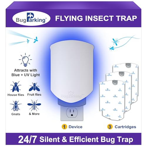 Flying Insect Trap for Fruit Flies,Gnats,1 Devices & 3 Refills | Plug-in UV Light for House flies, Silent Sticky Catcher for Indoor Use