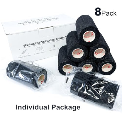 Carbou Self Adhesive Bandage Wrap 4" x 5yd 8ct Vet & Athletic Black - color: Black, size: 8 Count (Pack of 1)