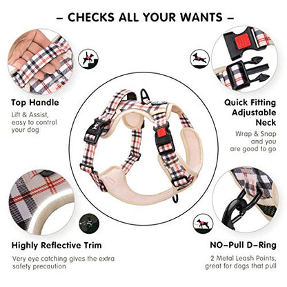 PoyPet Plaid Dog Harness Small, No Pull Vest with Front Clip & Neck Buckle - color: Checkered Beige, size: XS