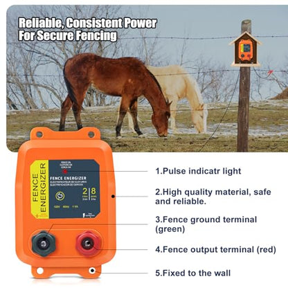 Electric Fence Energizer, 2-Mile/ 8 Acres Plug in Electric Fence Charger, Livestock Fence Charger for Dogs, Raccoons, Livestock, Squirrels, Chicken Coops, Skunks intruding, 0.1 Joule - color: Orange