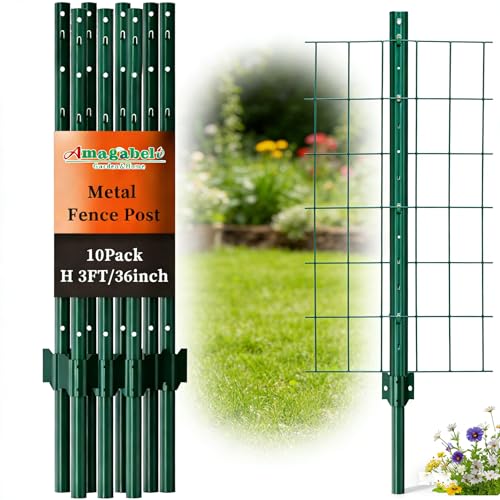 Amagabeli Metal Fence Posts 3 Feet 10 Pack Heavy Duty Garden Stakes T Post U Channel for for Wire Fence No Dig Garden Fence Stakes for Temporary Fencing Electric Fence Corner Anchor Green - size: "3 Feet Post"