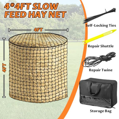 YedsIntu 4x4 ft Round Bale Hay Net for Horses, Slow Feeder Hay Nets with 1.5 inches Holes, Knotless Hay Feeder Bag for Goats Cattle Sheep Livestock - size: 4×4 ft