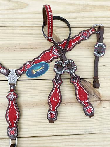 Western Leather Headstall & Breast Collar Set for Horses - Valentine’s Day Silver Metallic Cowhide with Rhinestones - color: Red
