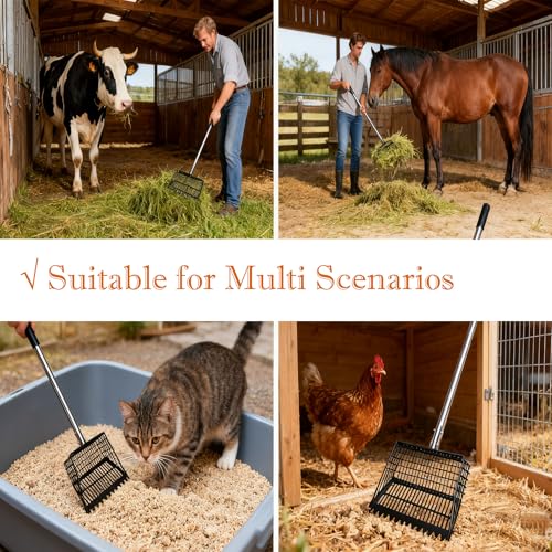 Chicken Poop Scooper & Rake 2-in-1, Adjustable 35"-65" Stainless Steel Handle, Heavy Duty Metal Black Shovel Head for Chicken Coop Cleaning, Pet Waste, Cat Litter Sifting