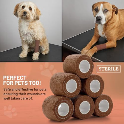 6 Pack, Self Adherent Cohesive Tape - 2" x 5 Yards, (Medium Tan Shade) Self Adhesive Bandage Rolls & Sports Athletic Wrap for Ankle, Wrist, Knee Sprains and Swelling