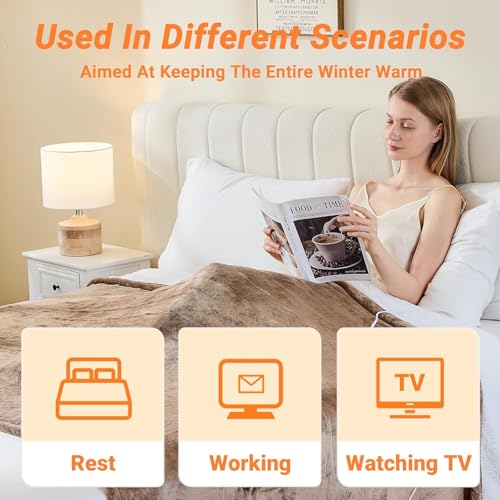 Electric Blanket Heated Throw, Soft Flannel 50"x60" Heating Blanket with 8 Hours Auto Off 10 Fast Heating Levels Machine Washable Sherpa Heated Blanket with Overheating Protection - color: Tan, size: Throw(50" x 60")