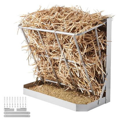 Happybuy Goat Hay Feeder, 21 Gallons Large Capacity, 2 in 1 Hay and Grain Feeder, Wall Mounted Livestock Feeder with Feed Tray, Multiple Sided Goat Hay Rack, Sturdy Steel Hay Rack for Sheep Horses