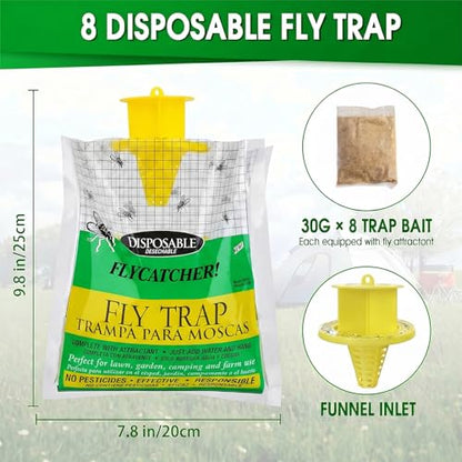 Fly Traps Outdoor Disposable 8 Pack - Disposable Fly Bags Fly Catcher Mess-Free Bug Bags for Yard Garden Farm & Horse Ranch