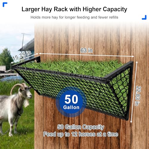 Upgraded Hay Feeder for Goats with Net, 63Inch Long Wall Hay Rack with 50Gallon Large Capacity, Blanket Hay Holder, Heavy Duty Metal Livestock Feeders Frame with Hay Net Side for Horses Farm Sheep