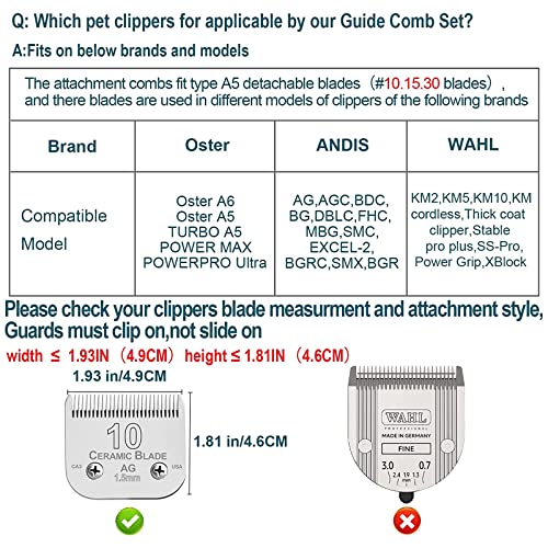 Dog Stainless Steel 5 Color Comb Compatible with andis oster A5 wahl km10 | Only fit for 10#/15#/30# Detachable Blade，Guide Comb Set Cutting Length 19mm-32mm - color: 5 PACK(3mm-16mm)
