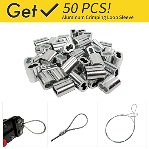 1/16 Wire Rope, 100FT 304 Stainless Steel Cable with 50Pcs Crimp Sleeves, Aircraft Grade, 7x7 Strand, 368lbs Breaking Strength, for Garden Trellis, Clothesline, Railing,Trellis - size: 100 ft