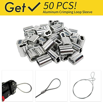 1/16 Wire Rope, 100FT 304 Stainless Steel Cable with 50Pcs Crimp Sleeves, Aircraft Grade, 7x7 Strand, 368lbs Breaking Strength, for Garden Trellis, Clothesline, Railing,Trellis - size: 100 ft