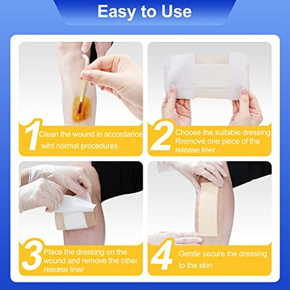 Silicone Foam Dressing 4"x8"(10 Count) | Large Bandages for Wound Care/Bed Sores/Post-Surgery - size: 4"x8" (10PCS)