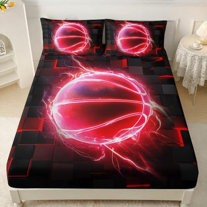 HOSIMA Kids Basketball Fitted Sheet Twin,1 Fitted Sheet+2 Pillowcases. - color: Black-e, size: Twin 39"*75"