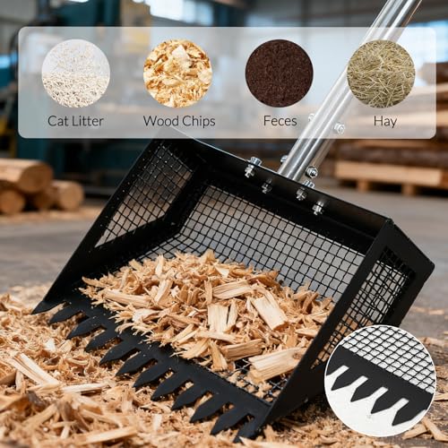Heavy Duty Chicken Coop Poop Scooper and Rake 2-in-1 – 15'' Wide Metal Sifting Shovel, Adjustable 24''-68.8'' Ergonomic Handle – Farm and Garden Manure Cleaning Tool, Black-Sprayed, 38x26x175cm