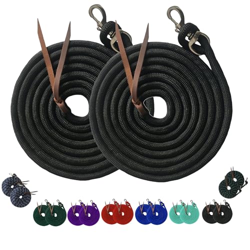 Majestic Ally 14' Pack of 2 Poly Training Lead Rope with Leather Popper for Horses & Livestock – 14 Foot Long and 5/8 inch Thick - Replaceable Heavy-Duty Bolt Snap (Black) - color: Black