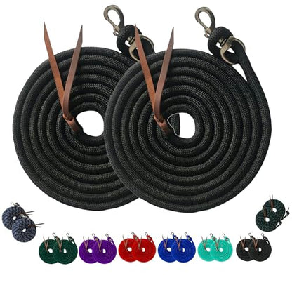 Majestic Ally 14' Pack of 2 Poly Training Lead Rope with Leather Popper for Horses & Livestock – 14 Foot Long and 5/8 inch Thick - Replaceable Heavy-Duty Bolt Snap (Black) - color: Black
