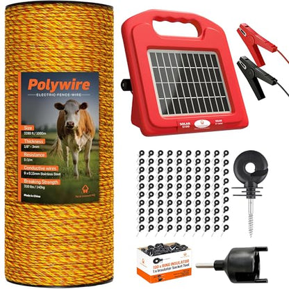 Pet & Livestock HQ - 3280ft Electric Polywire Fence with 5 Mile Charger and 100 Insulators - 3 Product Bundle