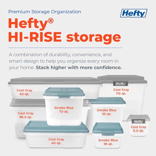 Hefty Hi-Rise Storage Bin with Lid, 18 Quart, Smoke Blue, 8 Pack | Stackable Plastic Container Tote for Home, Office, and Classroom Organization - size: 18 QT - 8 Pack