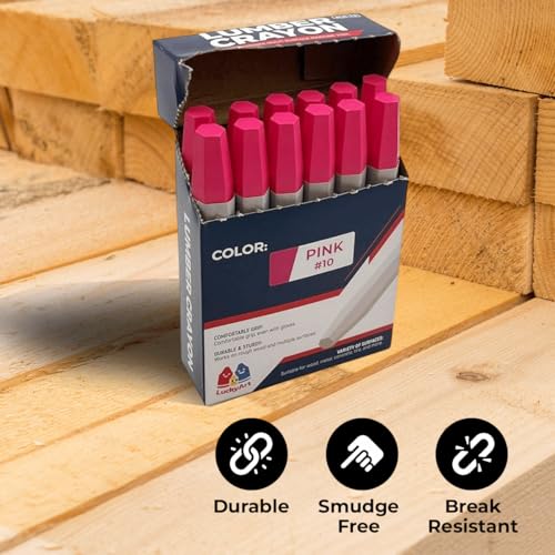 Lumber Crayons – Pink, Pack of 12 | Hexagonal Construction Marking Crayons for Wood, Concrete, Asphalt, Metal | Durable, Smudge-Free, Break-Resistant - color: Pink