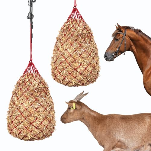 Slow Feed Hay Nets for Horses, 2 Pack, 40 Inch, 2 Inch Holes, Red - color: Red