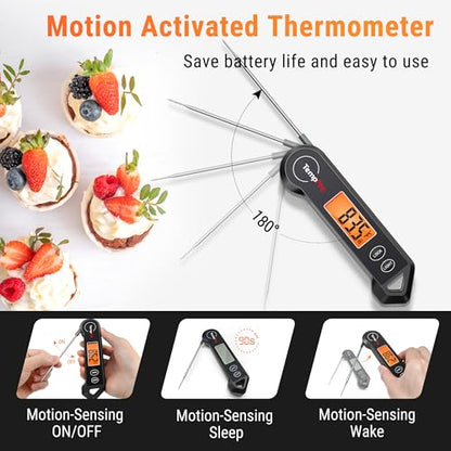 TempPro TP19H Waterproof Digital Meat Thermometer | Ambidextrous Backlit & Motion Sensing, Cooking Food Thermometer for BBQ Grill Smoker Oil Fry Candy Thermometer - color: Pitch-black
