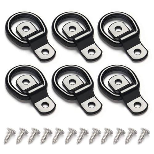 6 Pack D Rings Tie Down Anchors, 7mm Diameter Heavy Duty Steel Trailer Hooks for Truck, Pickup, Camper, Warehouse, Garage, Boat, Cargo Control Mount, 2 Hole D-Ring with Screws, Black