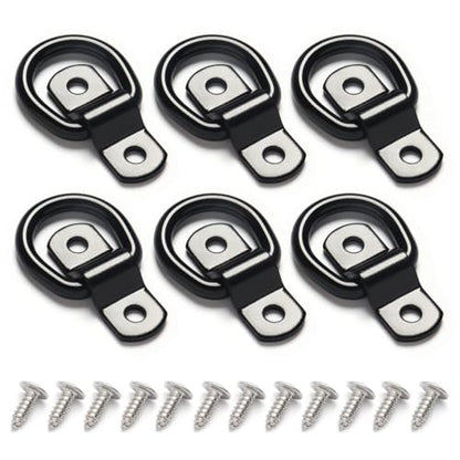 6 Pack D Rings Tie Down Anchors, 7mm Diameter Heavy Duty Steel Trailer Hooks for Truck, Pickup, Camper, Warehouse, Garage, Boat, Cargo Control Mount, 2 Hole D-Ring with Screws, Black