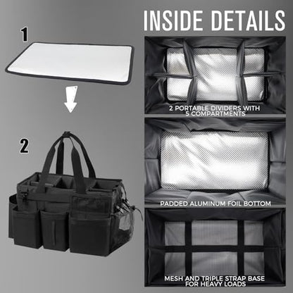 SCAVATA Wearable Cleaning Caddy Organizer with Handle & Shoulder Straps for Housekeepers, Under Sink & Car Cleaning Tool Organizer Bag with 4 Foldable Dividers (Black) - color: Black