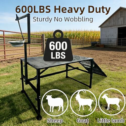 Heavy-Duty Non-Slip Ramp Goat Milking Stand, Height Adjustable Range 18.8–28.8"，600LBS Metal Livestock Trimming Stand with Feed Bin，Goat Stand Ramp Use for Goats ，Lambs & Sheep Trimming Grooming Stand