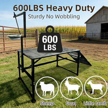 Heavy-Duty Non-Slip Ramp Goat Milking Stand, Height Adjustable Range 18.8–28.8"，600LBS Metal Livestock Trimming Stand with Feed Bin，Goat Stand Ramp Use for Goats ，Lambs & Sheep Trimming Grooming Stand