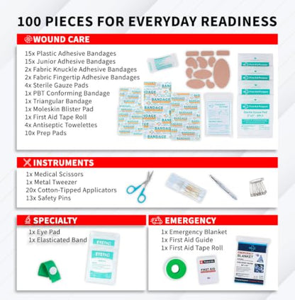 Protect Life Travel First Aid Kit for Car - Small Mini Emergency Kit, 100 Piece Waterproof First Aid Kit for Home, Camping, Boat & Hiking - Includes Emergency Blanket & First Aid Guide - size: 100 Pieces
