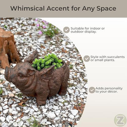 Zeckos Animal Planter, 17 Inch Flying Pig with Distressed Brown Finish | Magnesium Oxide, Drain Hole, 8 by 5 Inch Planting Opening, Indoor or Outdoor Use - color: Pig Wings - Brown