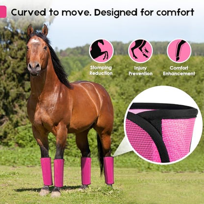 Fly Boots for Horses Set of 4 – Innovative Curved-Edge Design, Anti-Sag Stays, Breathable Mesh Leg Protection, Reduces Stomping & Fatigue, Comfort Fit for Medium to Large Horses - Pink