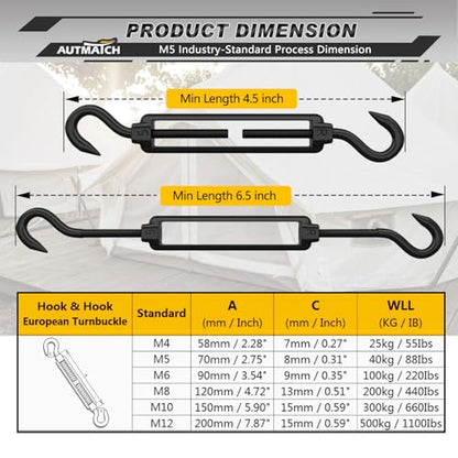 AUTMATCH M5 Hook&Hook Turnbuckle - 304 Stainless Steel Wire Rope Tensioner | Adjustable Turnbuckle for Cable Railing, Fence & Shade Sail Hardware, Wire Rope Tension Kit, 6-Pack, Black - color: Black Tone - Hook & Hook, size: M5