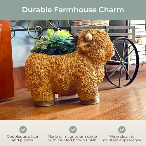 Zeckos Highland Cow Animal Planter, 15 Inch Long Light Brown Textured Fur | Painted Magnesium Oxide, Freestanding Farmhouse Accent, Drain Hole, 6.5 X 5.25 Inch Opening, 10 Inch Deep - color: Cow - Light Brown