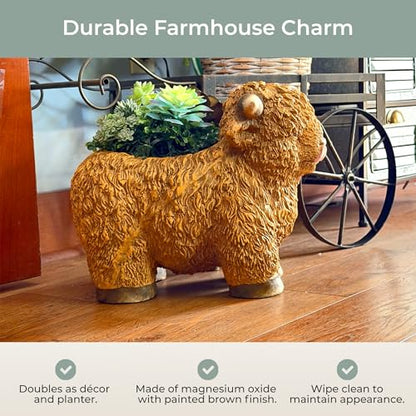 Zeckos Highland Cow Animal Planter, 15 Inch Long Light Brown Textured Fur | Painted Magnesium Oxide, Freestanding Farmhouse Accent, Drain Hole, 6.5 X 5.25 Inch Opening, 10 Inch Deep - color: Cow - Light Brown