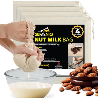 SUFANIQ Nut Milk Bag - 4 Bags (12 x 12 Inch) 100% Unbleached Cotton Cheese Cloth Bag for Straining, Premium Nut Milk Bag Reusable, Nut Bag Strainer for Almond, Soy, Oat Milk, Juices, Cheese Making - size: 12x12 / 4 pieces