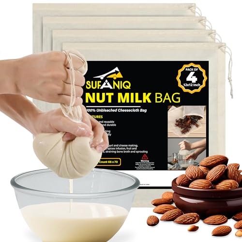 SUFANIQ Nut Milk Bag - 4 Bags (12 x 12 Inch) 100% Unbleached Cotton Cheese Cloth Bag for Straining, Premium Nut Milk Bag Reusable, Nut Bag Strainer for Almond, Soy, Oat Milk, Juices, Cheese Making - size: 12x12 / 4 pieces