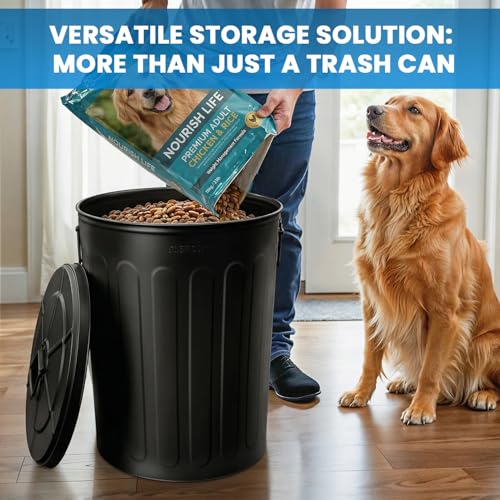 Plexon 20 Gallon Metal Trash Can with Lid Outdoor Large Trash Bin Steel Garbage Can for Garage Patio Farmhouse Bucket Bird Seed Storage Can Heavy Duty Round Container, Black - color: Black
