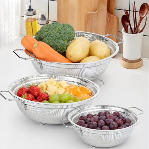 Stainless Steel Colander Set of 3, 18/8 Food Grade Steel Kitchen Strainers, 2, 3 & 5 Quart Metal Pasta Strainers with Welded Handles, Non-Slip Feet, 2.5mm Precision Holes, Dishwasher Safe - color: Stainless Steel