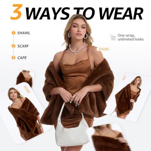 Women's Luxe Short Pile Faux Fur Coat with Shawl Collar - color: Chestnut