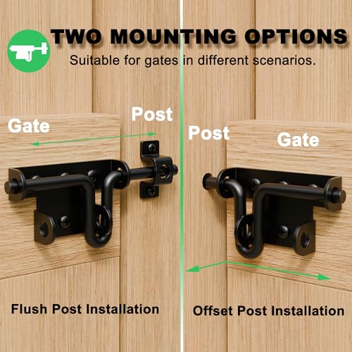 Heavy Duty Slide Bolt Gate Latch for Wooden Fence, 2 Way Barn Door Latch with Padlock Hole, Offset and Flush Mounted Gate Latch for Outdoor Gates/Yard Fence/Shed Door, Black, 1 Pack