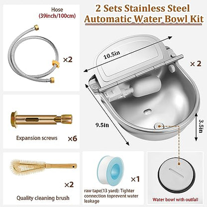 Tessco 2 Sets 4L/135oz Automatic Animal Drinking Water Trough Bowl with Float Valve Waterer Kit Livestock for Dog Horse with Pipe Connector Countersunk Bolt(Normal Style,Stainless Steel)
