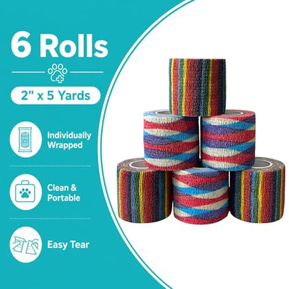 Dog Bandage Wrap, 6 Rolls 2" x 5 yd Stripe Print Pet Tape - color: RA-6ROLL-2IN