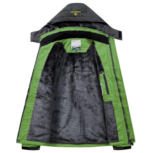 Men's Winter Ski Jacket Warm Fleece Waterproof Outdoor Mountain Hiking Windbreaker Hooded Snow Rain Coat - color: Green, size: Medium