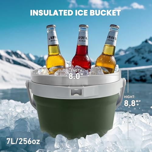 COKTIK 7L Vacuum Insulated Ice Bucket with Lid and Scoop& Tongs，Large capacity Stainless Steel Beverage Bucket for Cocktail, Champagne, Wine, Beer，Large Parties（Army Green Suit） - color: Army Green Suit