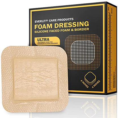 EVERLIT Care Silicone Foam Dressing with Adhesive Border | Highly Absorbent Hypoallergenic Bandages for Chronic Wounds, Bed Sores, Pressure Ulcers | Gentle & Secure Adhesion (4" x 4" | 10 Pack) - size: 10 Count (Pack of 1)
