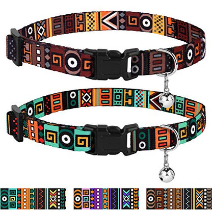 Tribal Nylon Cat Collar 2-Pack, Breakaway with Bell - color: Aztec Brown + Aztec Green